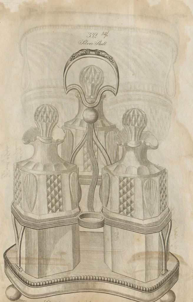 An illustration from Engraved pattern book or trade catalogue of Sheffield plate, including cruet, soy frames, dinnerware, soup tureens, sauce boats, platters, coasters, salt cellars, mustard pots, serving pieces, utensils, cake baskets, tea urns, candlesticks, candelabra, oil lamps, snuffers and more, 1800, leaf 50