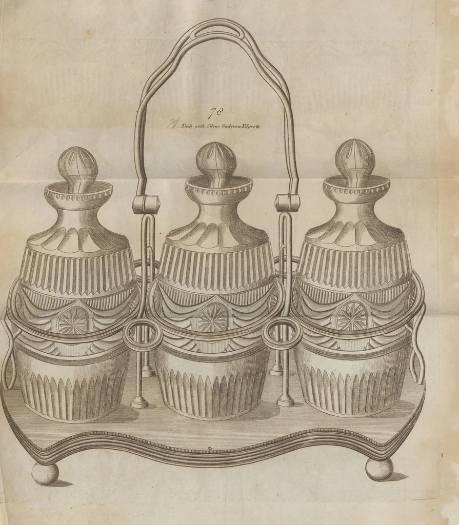 An illustration from Engraved pattern book or trade catalogue of Sheffield plate, including cruet, soy frames, dinnerware, soup tureens, sauce boats, platters, coasters, salt cellars, mustard pots, serving pieces, utensils, cake baskets, tea urns, candlesticks, candelabra, oil lamps, snuffers and more, 1800, leaf 51