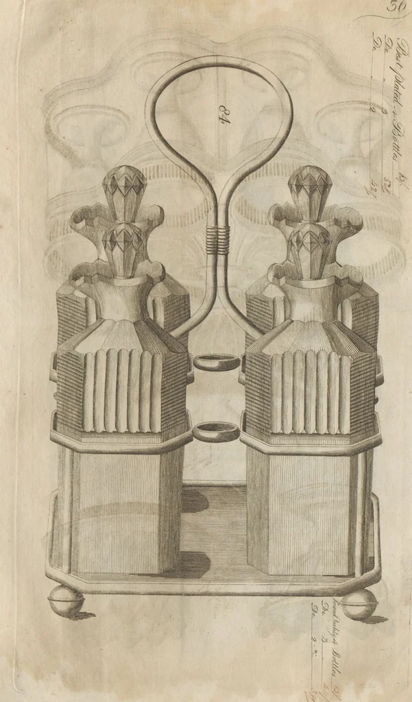 An illustration from Engraved pattern book or trade catalogue of Sheffield plate, including cruet, soy frames, dinnerware, soup tureens, sauce boats, platters, coasters, salt cellars, mustard pots, serving pieces, utensils, cake baskets, tea urns, candlesticks, candelabra, oil lamps, snuffers and more, 1800, leaf 53