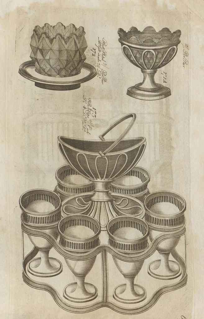 An illustration from Engraved pattern book or trade catalogue of Sheffield plate, including cruet, soy frames, dinnerware, soup tureens, sauce boats, platters, coasters, salt cellars, mustard pots, serving pieces, utensils, cake baskets, tea urns, candlesticks, candelabra, oil lamps, snuffers and more, 1800, leaf 54