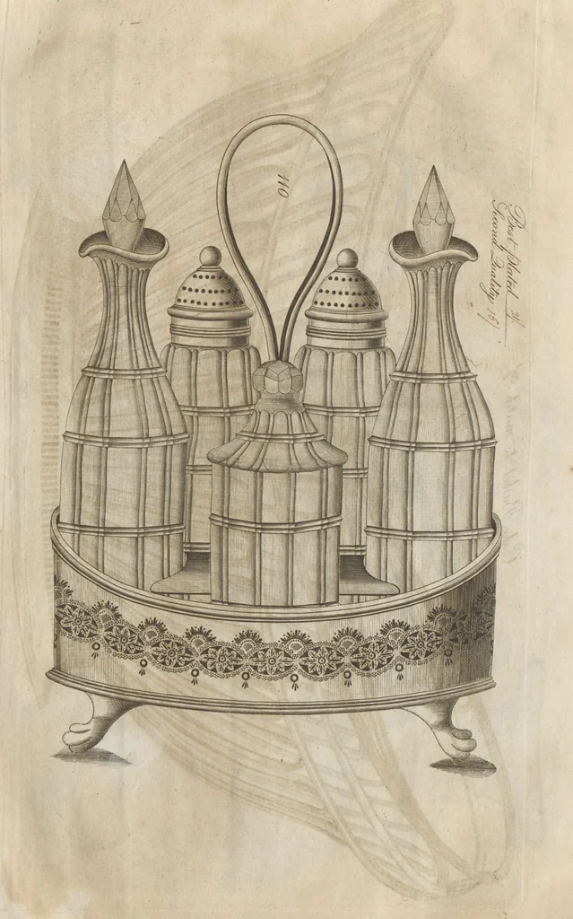An illustration from Engraved pattern book or trade catalogue of Sheffield plate, including cruet, soy frames, dinnerware, soup tureens, sauce boats, platters, coasters, salt cellars, mustard pots, serving pieces, utensils, cake baskets, tea urns, candlesticks, candelabra, oil lamps, snuffers and more, 1800, leaf 55