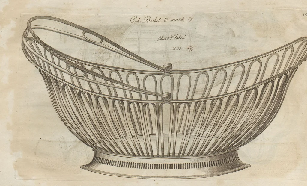 An illustration from Engraved pattern book or trade catalogue of Sheffield plate, including cruet, soy frames, dinnerware, soup tureens, sauce boats, platters, coasters, salt cellars, mustard pots, serving pieces, utensils, cake baskets, tea urns, candlesticks, candelabra, oil lamps, snuffers and more, 1800, leaf 56