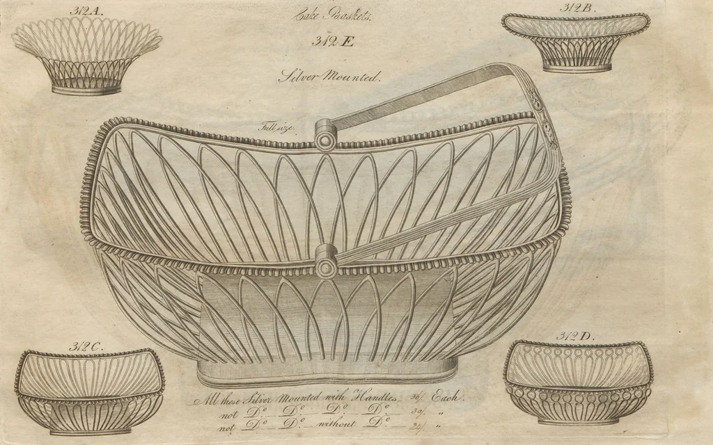 An illustration from Engraved pattern book or trade catalogue of Sheffield plate, including cruet, soy frames, dinnerware, soup tureens, sauce boats, platters, coasters, salt cellars, mustard pots, serving pieces, utensils, cake baskets, tea urns, candlesticks, candelabra, oil lamps, snuffers and more, 1800, leaf 57