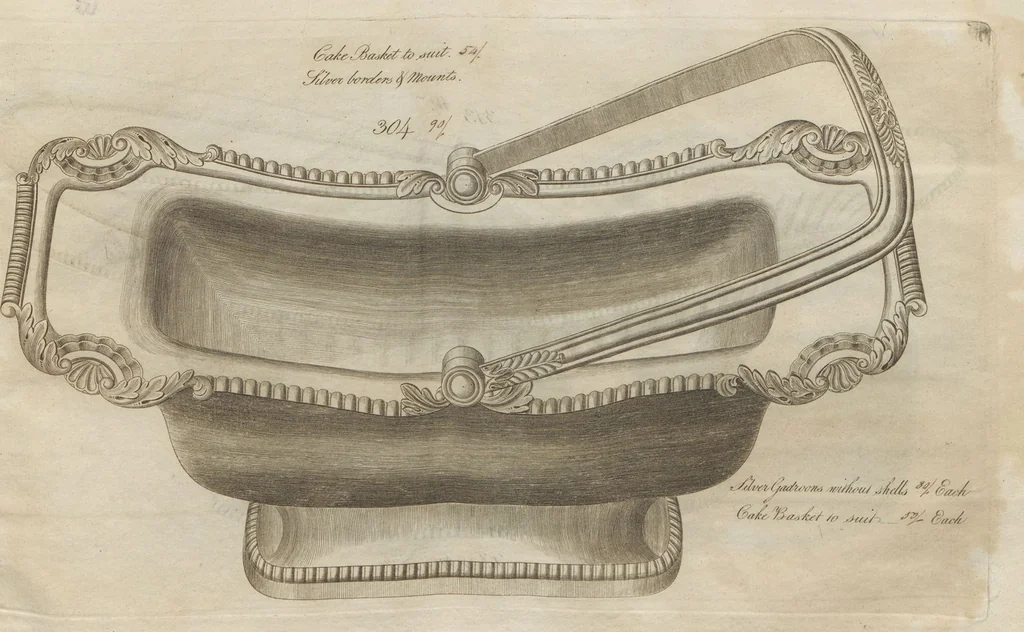 An illustration from Engraved pattern book or trade catalogue of Sheffield plate, including cruet, soy frames, dinnerware, soup tureens, sauce boats, platters, coasters, salt cellars, mustard pots, serving pieces, utensils, cake baskets, tea urns, candlesticks, candelabra, oil lamps, snuffers and more, 1800, leaf 58