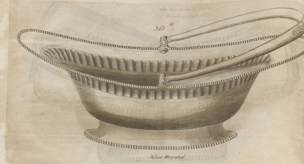 An illustration from Engraved pattern book or trade catalogue of Sheffield plate, including cruet, soy frames, dinnerware, soup tureens, sauce boats, platters, coasters, salt cellars, mustard pots, serving pieces, utensils, cake baskets, tea urns, candlesticks, candelabra, oil lamps, snuffers and more, 1800, leaf 59