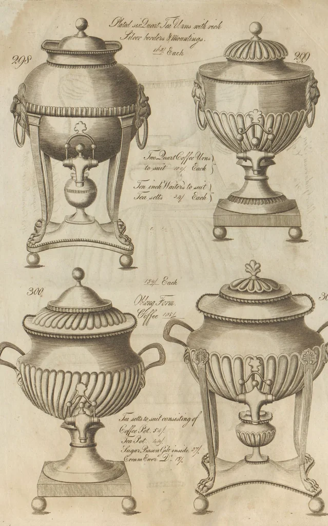 An illustration from Engraved pattern book or trade catalogue of Sheffield plate, including cruet, soy frames, dinnerware, soup tureens, sauce boats, platters, coasters, salt cellars, mustard pots, serving pieces, utensils, cake baskets, tea urns, candlesticks, candelabra, oil lamps, snuffers and more, 1800, leaf 6