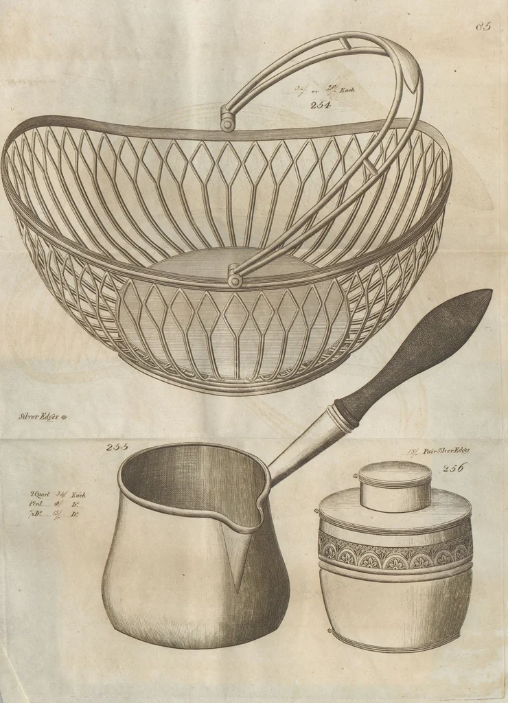 An illustration from Engraved pattern book or trade catalogue of Sheffield plate, including cruet, soy frames, dinnerware, soup tureens, sauce boats, platters, coasters, salt cellars, mustard pots, serving pieces, utensils, cake baskets, tea urns, candlesticks, candelabra, oil lamps, snuffers and more, 1800, leaf 60