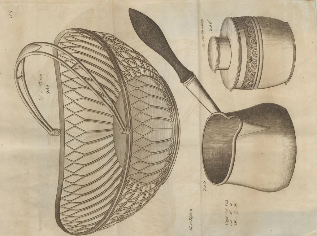 An illustration from Engraved pattern book or trade catalogue of Sheffield plate, including cruet, soy frames, dinnerware, soup tureens, sauce boats, platters, coasters, salt cellars, mustard pots, serving pieces, utensils, cake baskets, tea urns, candlesticks, candelabra, oil lamps, snuffers and more, 1800, leaf 61