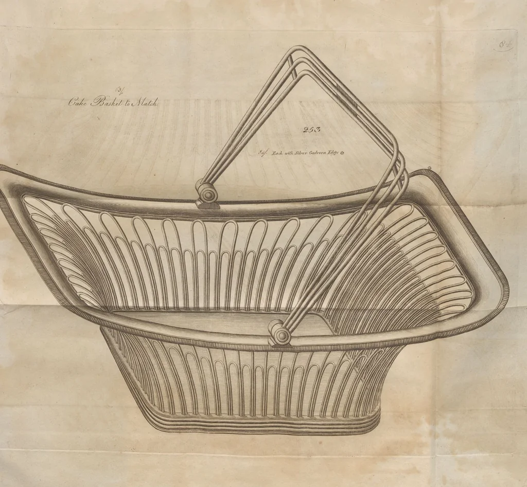 An illustration from Engraved pattern book or trade catalogue of Sheffield plate, including cruet, soy frames, dinnerware, soup tureens, sauce boats, platters, coasters, salt cellars, mustard pots, serving pieces, utensils, cake baskets, tea urns, candlesticks, candelabra, oil lamps, snuffers and more, 1800, leaf 62