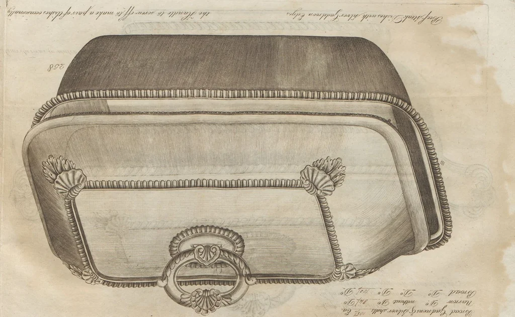 An illustration from Engraved pattern book or trade catalogue of Sheffield plate, including cruet, soy frames, dinnerware, soup tureens, sauce boats, platters, coasters, salt cellars, mustard pots, serving pieces, utensils, cake baskets, tea urns, candlesticks, candelabra, oil lamps, snuffers and more, 1800, leaf 64