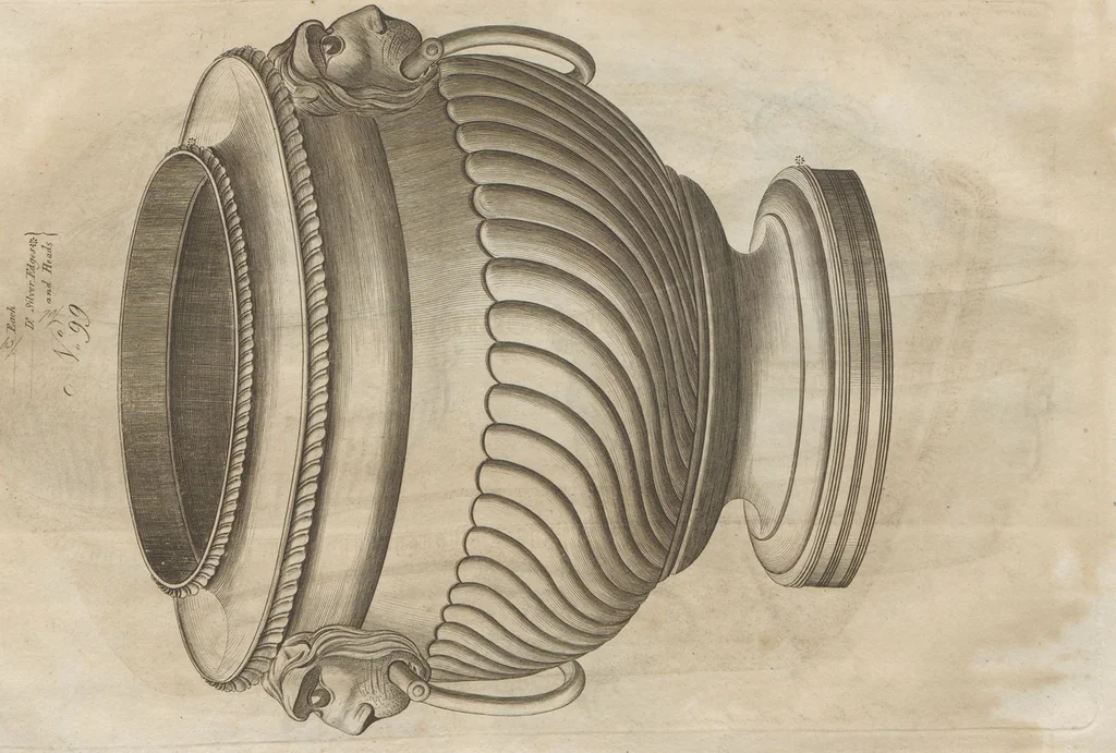 An illustration from Engraved pattern book or trade catalogue of Sheffield plate, including cruet, soy frames, dinnerware, soup tureens, sauce boats, platters, coasters, salt cellars, mustard pots, serving pieces, utensils, cake baskets, tea urns, candlesticks, candelabra, oil lamps, snuffers and more, 1800, leaf 65