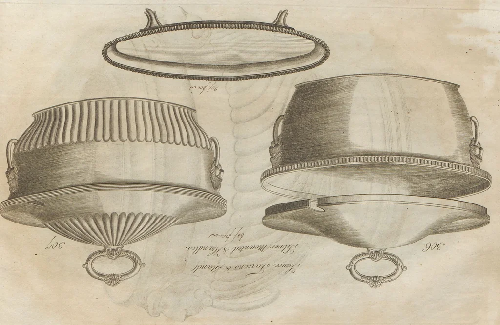 An illustration from Engraved pattern book or trade catalogue of Sheffield plate, including cruet, soy frames, dinnerware, soup tureens, sauce boats, platters, coasters, salt cellars, mustard pots, serving pieces, utensils, cake baskets, tea urns, candlesticks, candelabra, oil lamps, snuffers and more, 1800, leaf 66