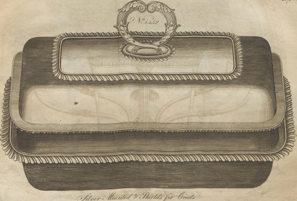 An illustration from Engraved pattern book or trade catalogue of Sheffield plate, including cruet, soy frames, dinnerware, soup tureens, sauce boats, platters, coasters, salt cellars, mustard pots, serving pieces, utensils, cake baskets, tea urns, candlesticks, candelabra, oil lamps, snuffers and more, 1800, leaf 69
