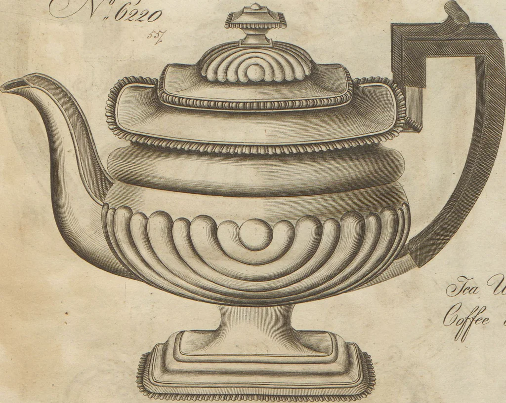 An illustration from Engraved pattern book or trade catalogue of Sheffield plate, including cruet, soy frames, dinnerware, soup tureens, sauce boats, platters, coasters, salt cellars, mustard pots, serving pieces, utensils, cake baskets, tea urns, candlesticks, candelabra, oil lamps, snuffers and more, 1800, leaf 7