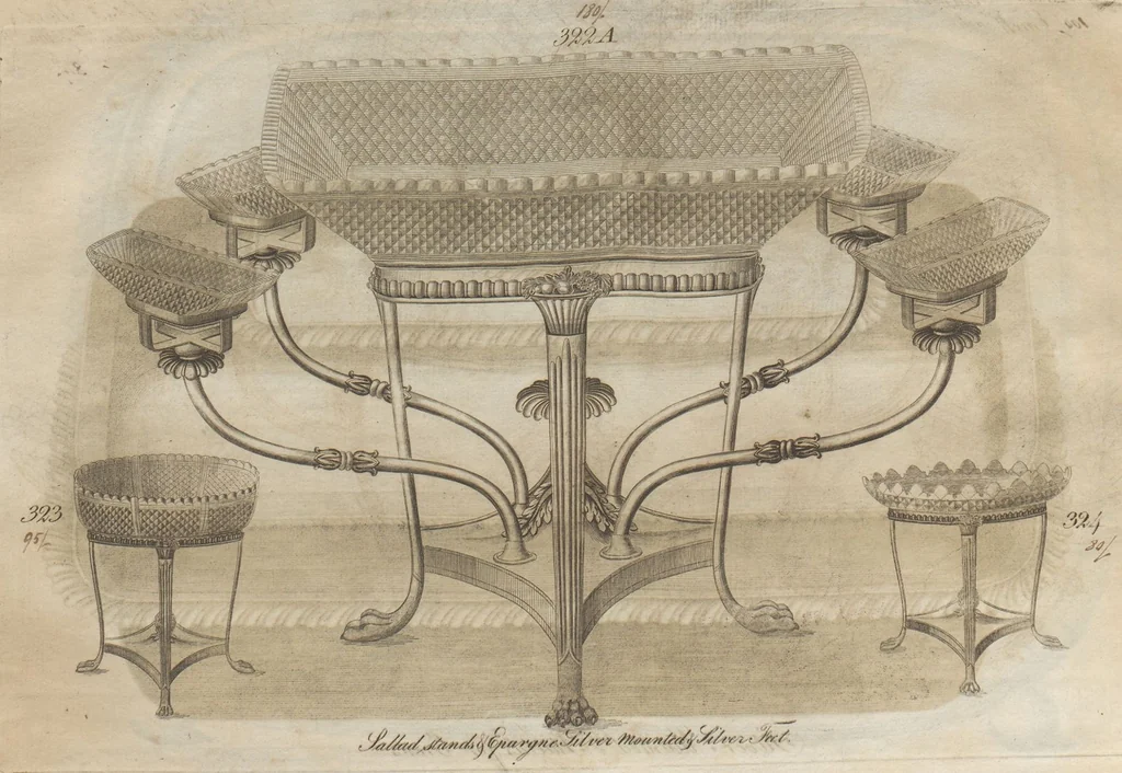 An illustration from Engraved pattern book or trade catalogue of Sheffield plate, including cruet, soy frames, dinnerware, soup tureens, sauce boats, platters, coasters, salt cellars, mustard pots, serving pieces, utensils, cake baskets, tea urns, candlesticks, candelabra, oil lamps, snuffers and more, 1800, leaf 70