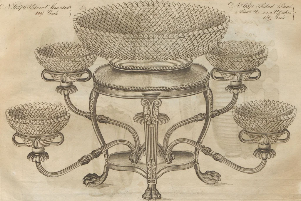 An illustration from Engraved pattern book or trade catalogue of Sheffield plate, including cruet, soy frames, dinnerware, soup tureens, sauce boats, platters, coasters, salt cellars, mustard pots, serving pieces, utensils, cake baskets, tea urns, candlesticks, candelabra, oil lamps, snuffers and more, 1800, leaf 71