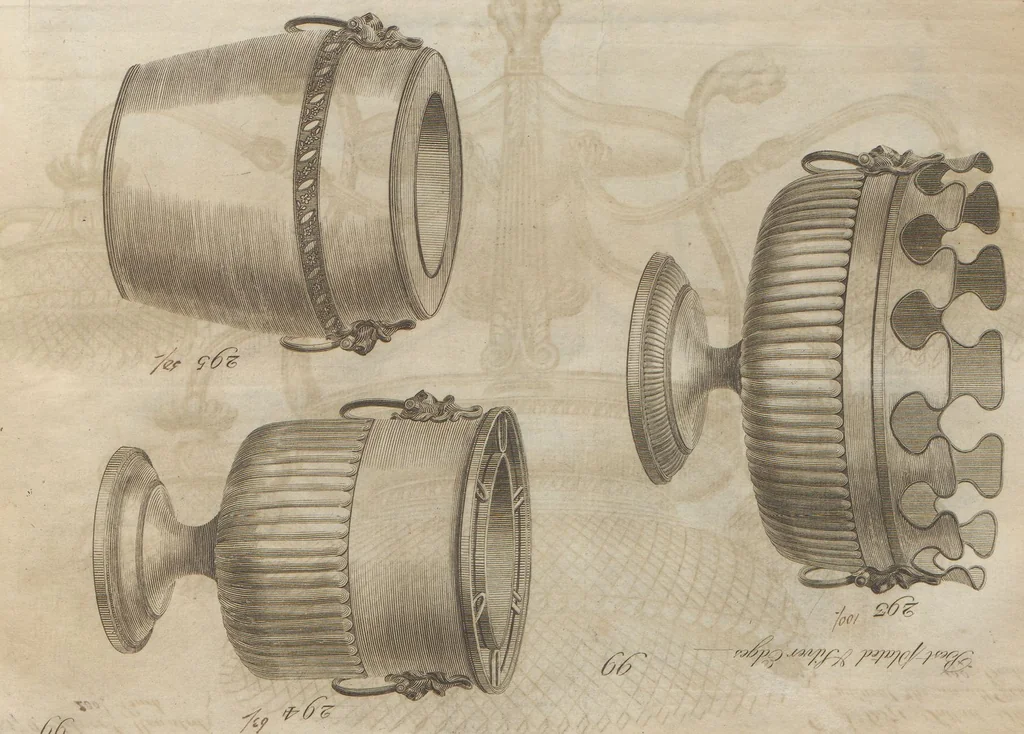 An illustration from Engraved pattern book or trade catalogue of Sheffield plate, including cruet, soy frames, dinnerware, soup tureens, sauce boats, platters, coasters, salt cellars, mustard pots, serving pieces, utensils, cake baskets, tea urns, candlesticks, candelabra, oil lamps, snuffers and more, 1800, leaf 72