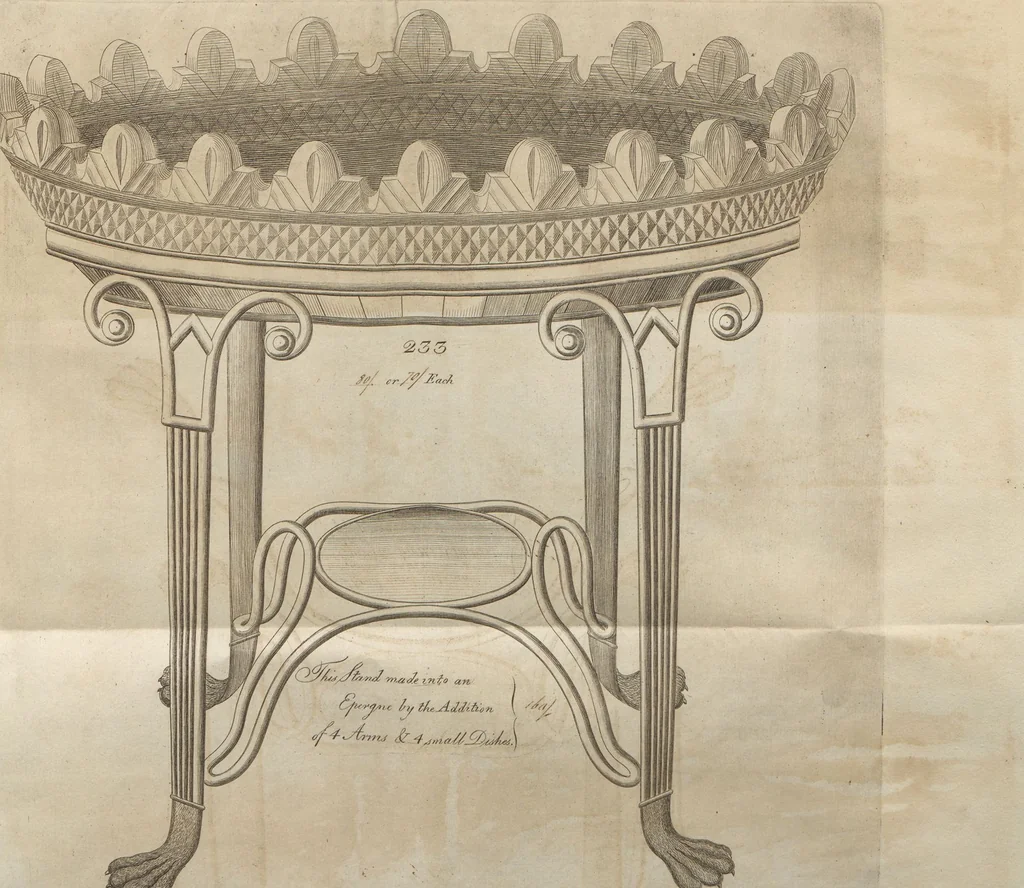An illustration from Engraved pattern book or trade catalogue of Sheffield plate, including cruet, soy frames, dinnerware, soup tureens, sauce boats, platters, coasters, salt cellars, mustard pots, serving pieces, utensils, cake baskets, tea urns, candlesticks, candelabra, oil lamps, snuffers and more, 1800, leaf 73