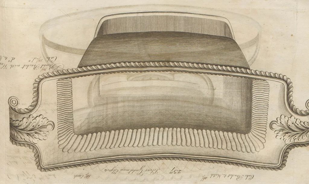 An illustration from Engraved pattern book or trade catalogue of Sheffield plate, including cruet, soy frames, dinnerware, soup tureens, sauce boats, platters, coasters, salt cellars, mustard pots, serving pieces, utensils, cake baskets, tea urns, candlesticks, candelabra, oil lamps, snuffers and more, 1800, leaf 76