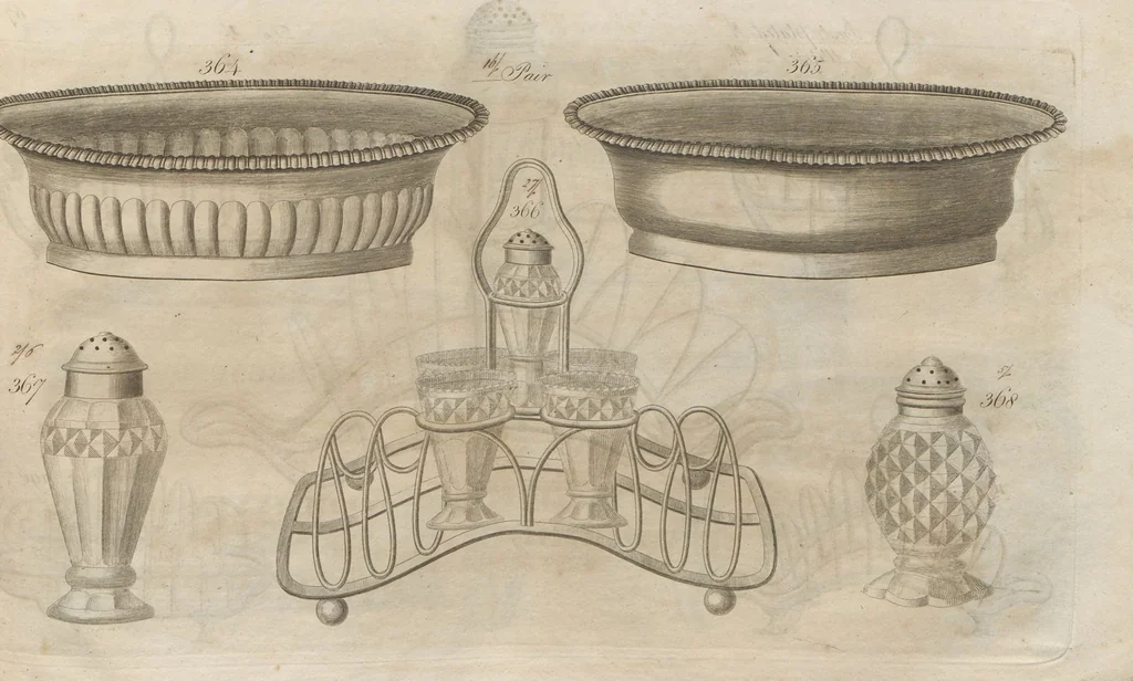 An illustration from Engraved pattern book or trade catalogue of Sheffield plate, including cruet, soy frames, dinnerware, soup tureens, sauce boats, platters, coasters, salt cellars, mustard pots, serving pieces, utensils, cake baskets, tea urns, candlesticks, candelabra, oil lamps, snuffers and more, 1800, leaf 77