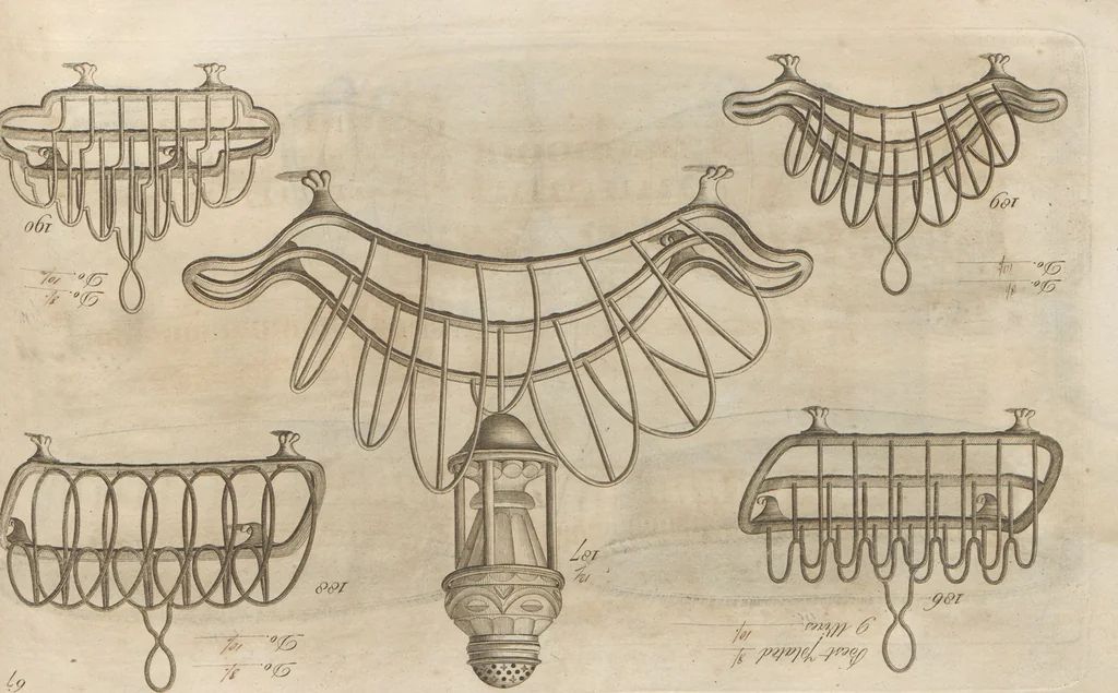 An illustration from Engraved pattern book or trade catalogue of Sheffield plate, including cruet, soy frames, dinnerware, soup tureens, sauce boats, platters, coasters, salt cellars, mustard pots, serving pieces, utensils, cake baskets, tea urns, candlesticks, candelabra, oil lamps, snuffers and more, 1800, leaf 78