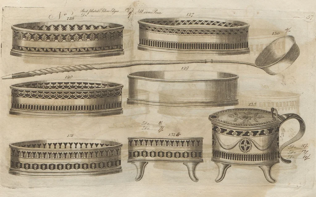 An illustration from Engraved pattern book or trade catalogue of Sheffield plate, including cruet, soy frames, dinnerware, soup tureens, sauce boats, platters, coasters, salt cellars, mustard pots, serving pieces, utensils, cake baskets, tea urns, candlesticks, candelabra, oil lamps, snuffers and more, 1800, leaf 79
