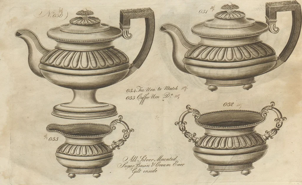 An illustration from Engraved pattern book or trade catalogue of Sheffield plate, including cruet, soy frames, dinnerware, soup tureens, sauce boats, platters, coasters, salt cellars, mustard pots, serving pieces, utensils, cake baskets, tea urns, candlesticks, candelabra, oil lamps, snuffers and more, 1800, leaf 8