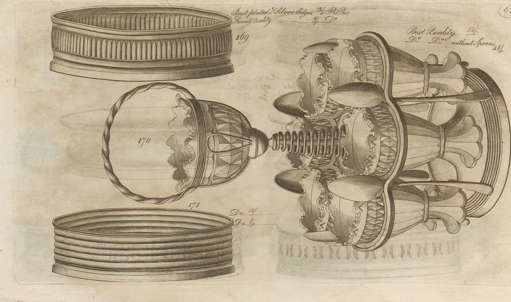An illustration from Engraved pattern book or trade catalogue of Sheffield plate, including cruet, soy frames, dinnerware, soup tureens, sauce boats, platters, coasters, salt cellars, mustard pots, serving pieces, utensils, cake baskets, tea urns, candlesticks, candelabra, oil lamps, snuffers and more, 1800, leaf 82
