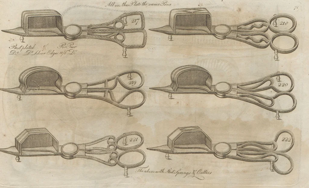 An illustration from Engraved pattern book or trade catalogue of Sheffield plate, including cruet, soy frames, dinnerware, soup tureens, sauce boats, platters, coasters, salt cellars, mustard pots, serving pieces, utensils, cake baskets, tea urns, candlesticks, candelabra, oil lamps, snuffers and more, 1800, leaf 83