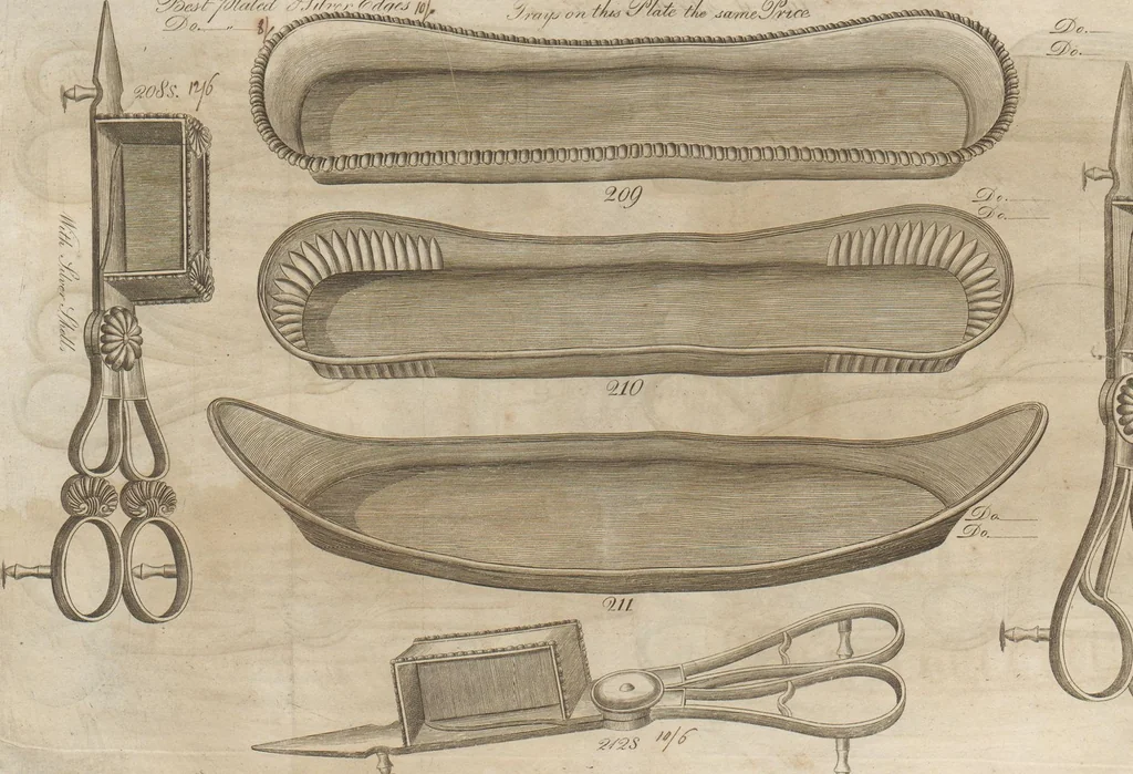 An illustration from Engraved pattern book or trade catalogue of Sheffield plate, including cruet, soy frames, dinnerware, soup tureens, sauce boats, platters, coasters, salt cellars, mustard pots, serving pieces, utensils, cake baskets, tea urns, candlesticks, candelabra, oil lamps, snuffers and more, 1800, leaf 84