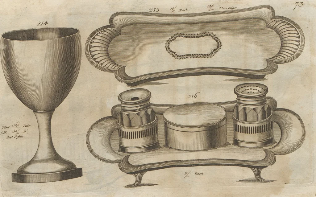 An illustration from Engraved pattern book or trade catalogue of Sheffield plate, including cruet, soy frames, dinnerware, soup tureens, sauce boats, platters, coasters, salt cellars, mustard pots, serving pieces, utensils, cake baskets, tea urns, candlesticks, candelabra, oil lamps, snuffers and more, 1800, leaf 87