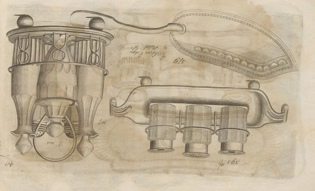 An illustration from Engraved pattern book or trade catalogue of Sheffield plate, including cruet, soy frames, dinnerware, soup tureens, sauce boats, platters, coasters, salt cellars, mustard pots, serving pieces, utensils, cake baskets, tea urns, candlesticks, candelabra, oil lamps, snuffers and more, 1800, leaf 88