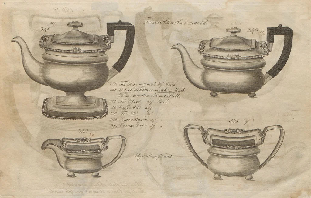 An illustration from Engraved pattern book or trade catalogue of Sheffield plate, including cruet, soy frames, dinnerware, soup tureens, sauce boats, platters, coasters, salt cellars, mustard pots, serving pieces, utensils, cake baskets, tea urns, candlesticks, candelabra, oil lamps, snuffers and more, 1800, leaf 9