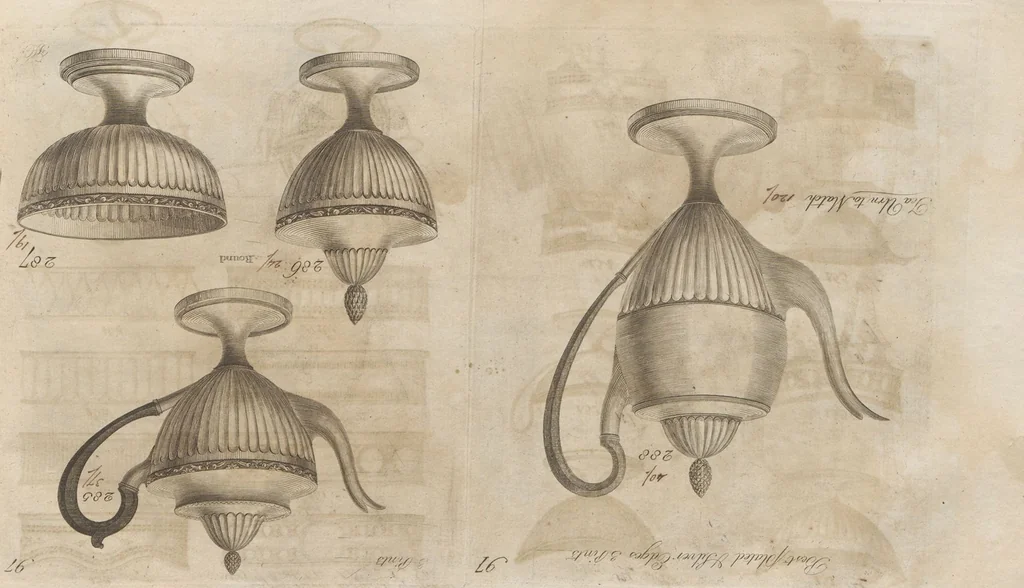 An illustration from Engraved pattern book or trade catalogue of Sheffield plate, including cruet, soy frames, dinnerware, soup tureens, sauce boats, platters, coasters, salt cellars, mustard pots, serving pieces, utensils, cake baskets, tea urns, candlesticks, candelabra, oil lamps, snuffers and more, 1800, leaf 90