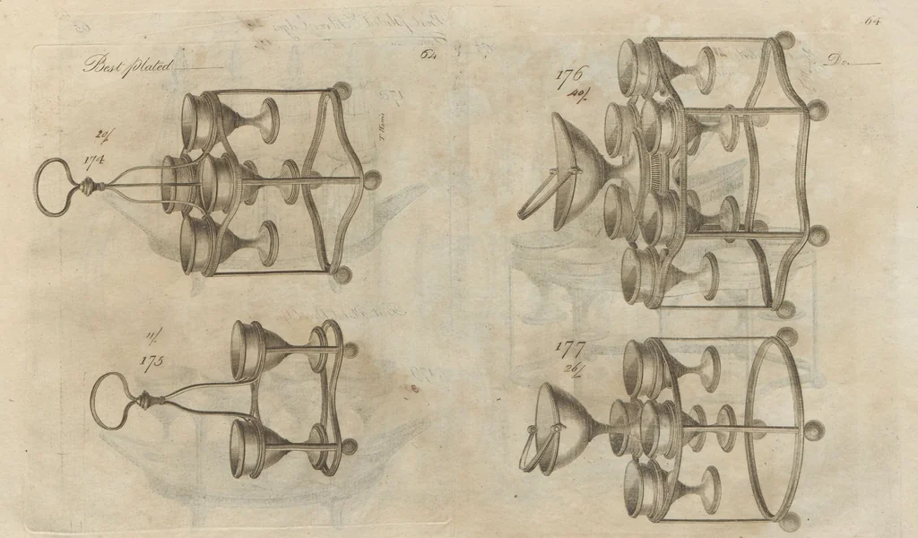 An illustration from Engraved pattern book or trade catalogue of Sheffield plate, including cruet, soy frames, dinnerware, soup tureens, sauce boats, platters, coasters, salt cellars, mustard pots, serving pieces, utensils, cake baskets, tea urns, candlesticks, candelabra, oil lamps, snuffers and more, 1800, leaf 91