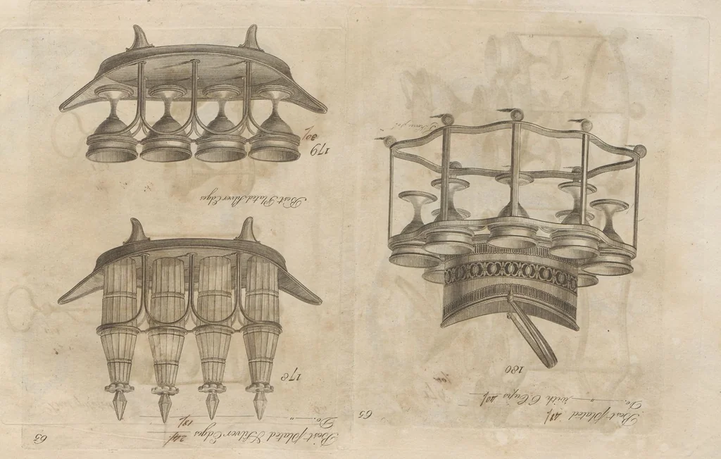 An illustration from Engraved pattern book or trade catalogue of Sheffield plate, including cruet, soy frames, dinnerware, soup tureens, sauce boats, platters, coasters, salt cellars, mustard pots, serving pieces, utensils, cake baskets, tea urns, candlesticks, candelabra, oil lamps, snuffers and more, 1800, leaf 92