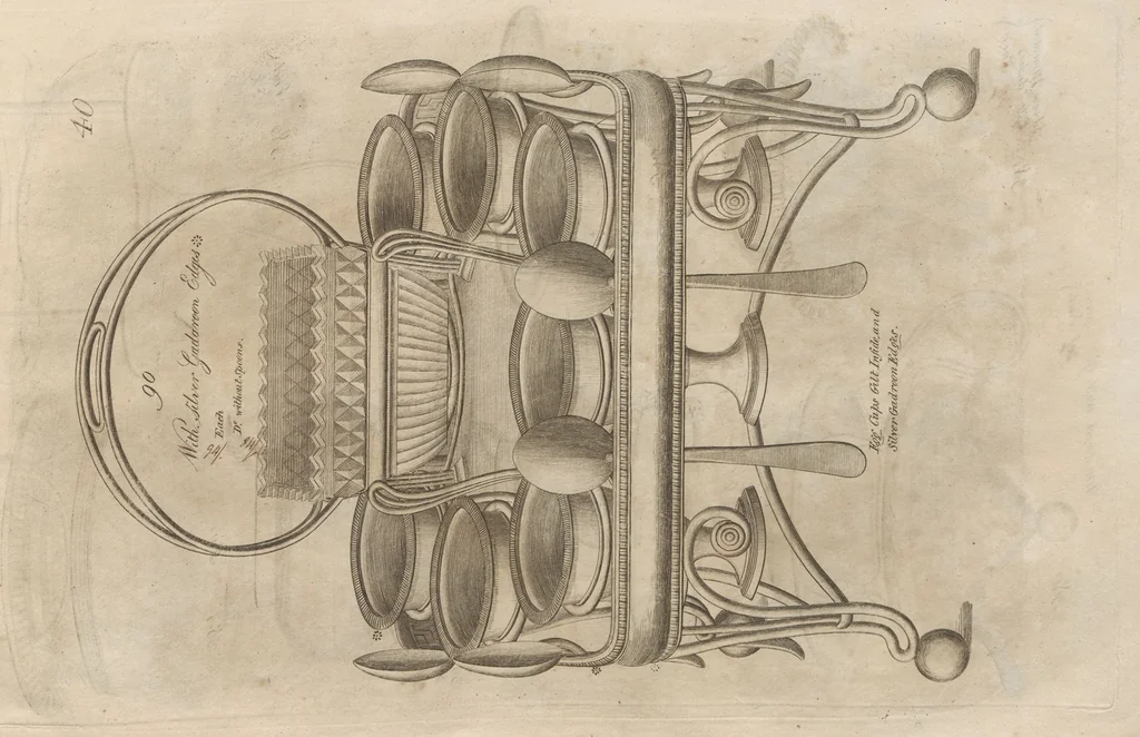 An illustration from Engraved pattern book or trade catalogue of Sheffield plate, including cruet, soy frames, dinnerware, soup tureens, sauce boats, platters, coasters, salt cellars, mustard pots, serving pieces, utensils, cake baskets, tea urns, candlesticks, candelabra, oil lamps, snuffers and more, 1800, leaf 93