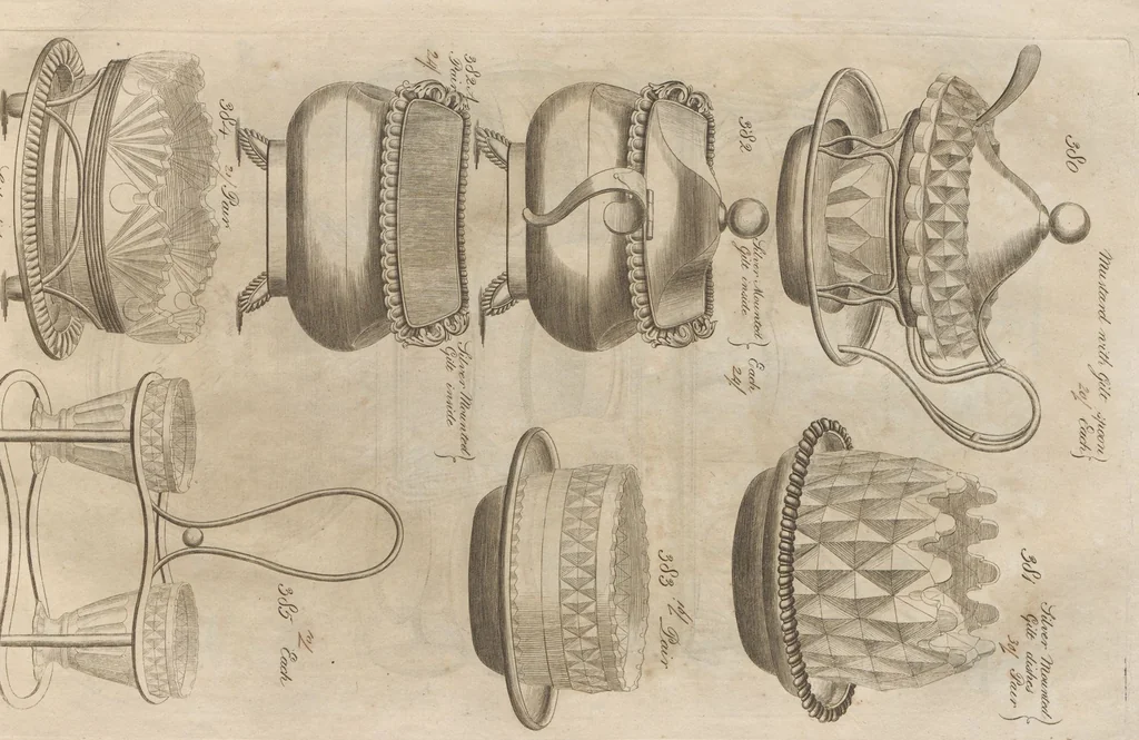 An illustration from Engraved pattern book or trade catalogue of Sheffield plate, including cruet, soy frames, dinnerware, soup tureens, sauce boats, platters, coasters, salt cellars, mustard pots, serving pieces, utensils, cake baskets, tea urns, candlesticks, candelabra, oil lamps, snuffers and more, 1800, leaf 94