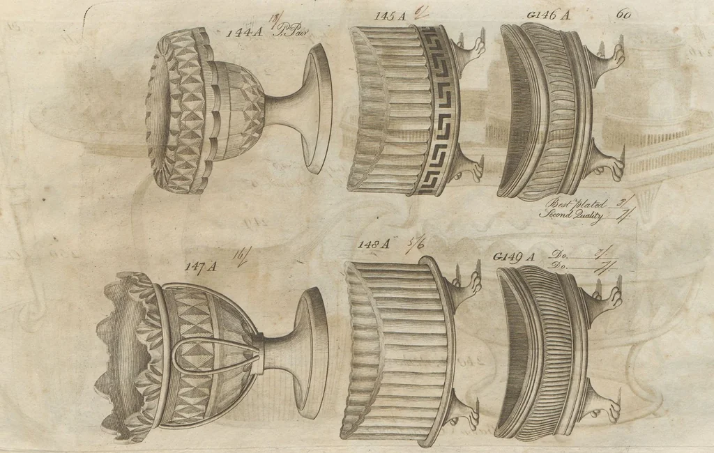 An illustration from Engraved pattern book or trade catalogue of Sheffield plate, including cruet, soy frames, dinnerware, soup tureens, sauce boats, platters, coasters, salt cellars, mustard pots, serving pieces, utensils, cake baskets, tea urns, candlesticks, candelabra, oil lamps, snuffers and more, 1800, leaf 95