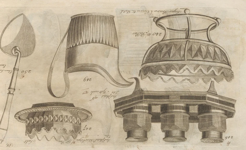 An illustration from Engraved pattern book or trade catalogue of Sheffield plate, including cruet, soy frames, dinnerware, soup tureens, sauce boats, platters, coasters, salt cellars, mustard pots, serving pieces, utensils, cake baskets, tea urns, candlesticks, candelabra, oil lamps, snuffers and more, 1800, leaf 96