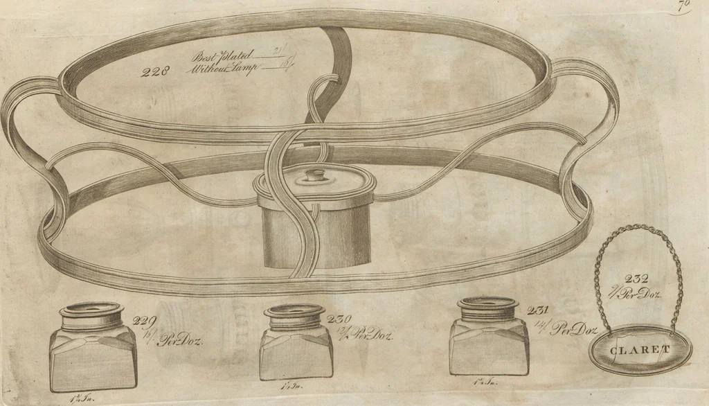 An illustration from Engraved pattern book or trade catalogue of Sheffield plate, including cruet, soy frames, dinnerware, soup tureens, sauce boats, platters, coasters, salt cellars, mustard pots, serving pieces, utensils, cake baskets, tea urns, candlesticks, candelabra, oil lamps, snuffers and more, 1800, leaf 97