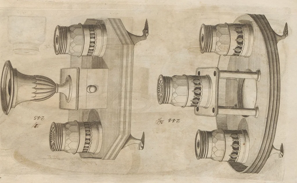 An illustration from Engraved pattern book or trade catalogue of Sheffield plate, including cruet, soy frames, dinnerware, soup tureens, sauce boats, platters, coasters, salt cellars, mustard pots, serving pieces, utensils, cake baskets, tea urns, candlesticks, candelabra, oil lamps, snuffers and more, 1800, leaf 98
