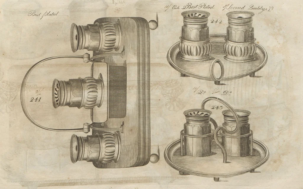 An illustration from Engraved pattern book or trade catalogue of Sheffield plate, including cruet, soy frames, dinnerware, soup tureens, sauce boats, platters, coasters, salt cellars, mustard pots, serving pieces, utensils, cake baskets, tea urns, candlesticks, candelabra, oil lamps, snuffers and more, 1800, leaf 99