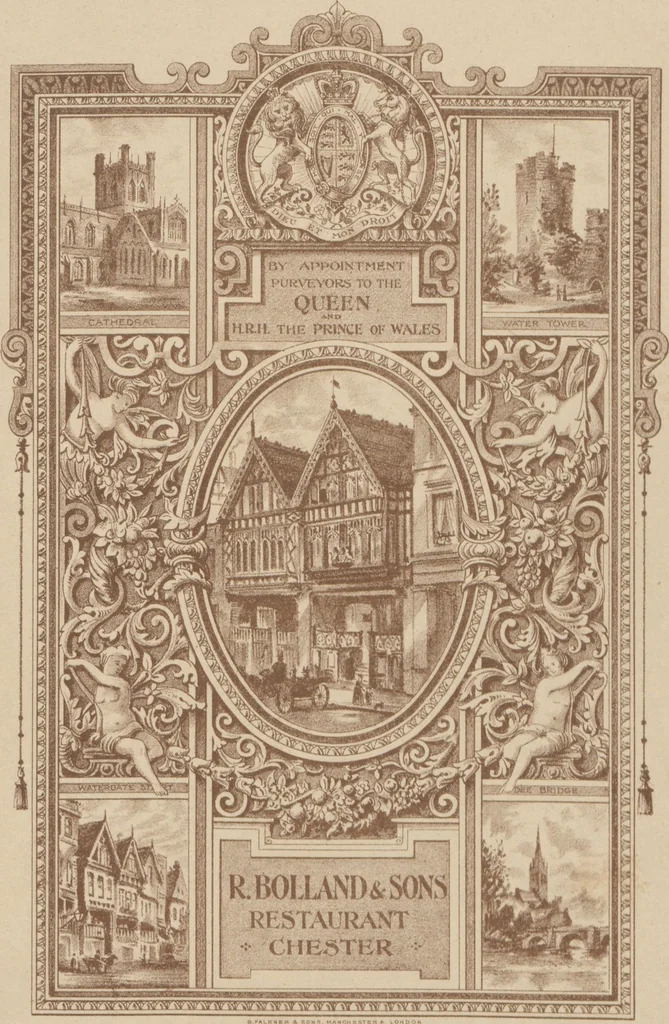 An illustration from R. Bolland & Sons, restaurant, Chester, 1895, leaf 1