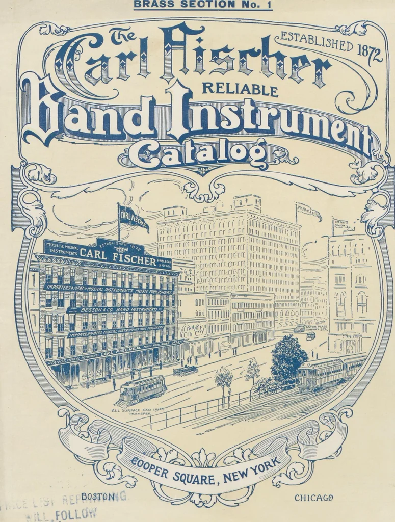 An illustration from Carl Fischer new competition catalog of band instruments and specialities pertaining to military bands, 1919, leaf 1