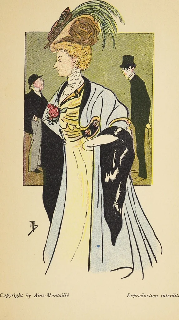 An illustration from Costumes inédits / de Aine-Montaillé, 1, Place Vendôme, Paris ; dessins fantaisistes de Mich, 1906, leaf 11