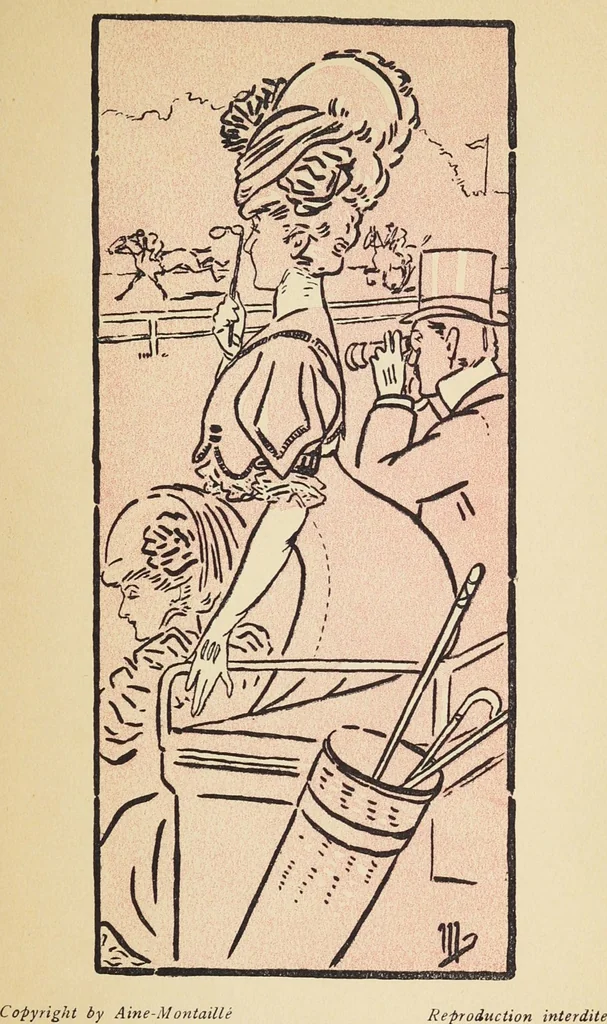 An illustration from Costumes inédits / de Aine-Montaillé, 1, Place Vendôme, Paris ; dessins fantaisistes de Mich, 1906, leaf 13