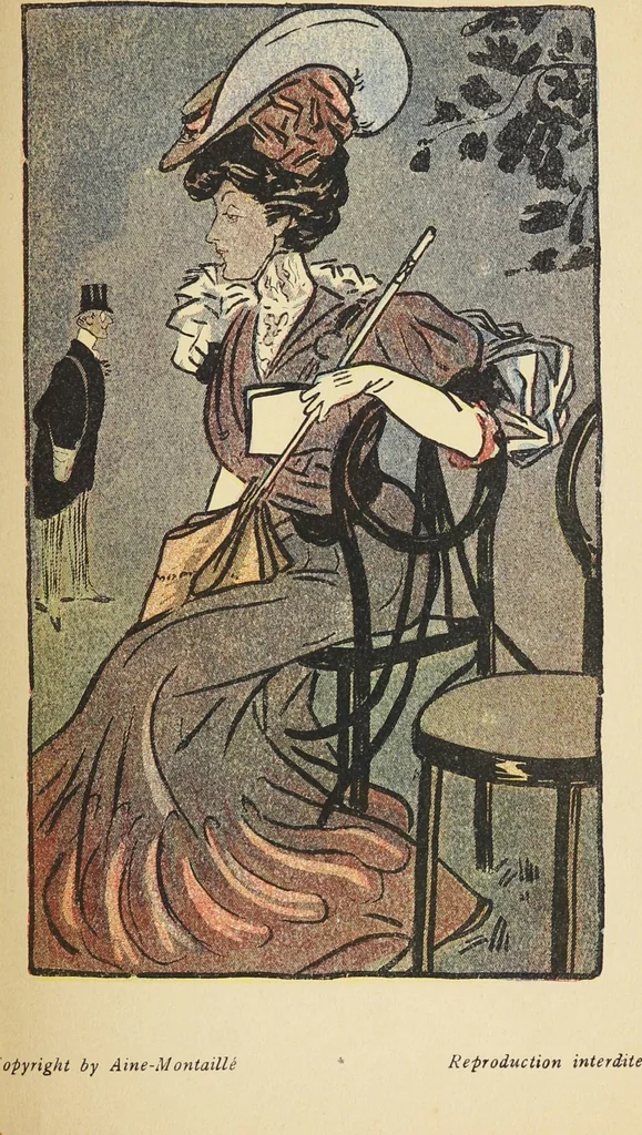 An illustration from Costumes inédits / de Aine-Montaillé, 1, Place Vendôme, Paris ; dessins fantaisistes de Mich, 1906, leaf 21