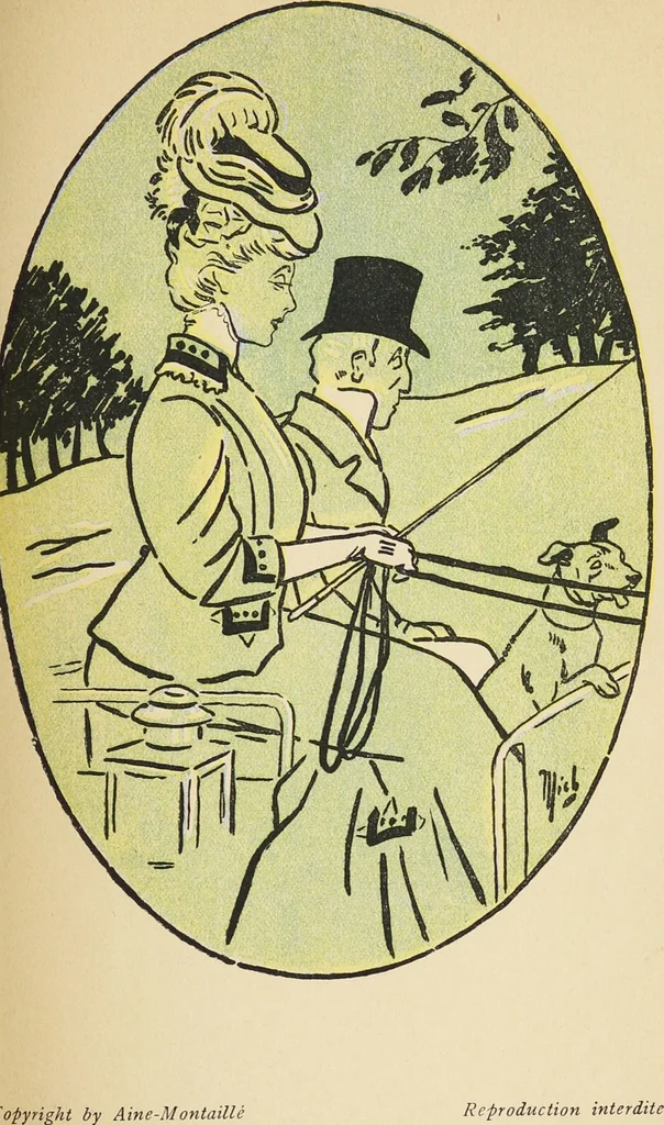 An illustration from Costumes inédits / de Aine-Montaillé, 1, Place Vendôme, Paris ; dessins fantaisistes de Mich, 1906, leaf 23
