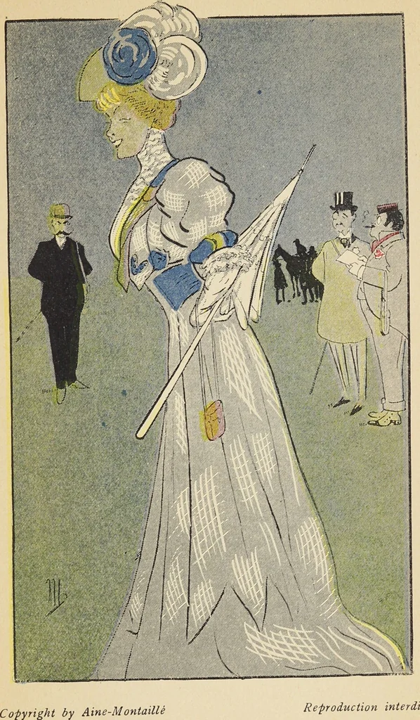An illustration from Costumes inédits / de Aine-Montaillé, 1, Place Vendôme, Paris ; dessins fantaisistes de Mich, 1906, leaf 7